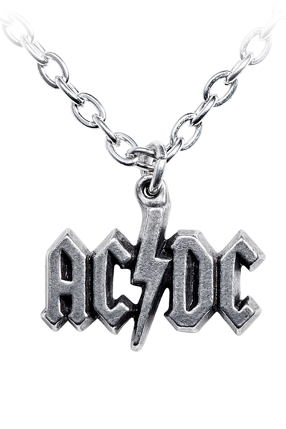 AC/DC rock band pendant necklace featuring iconic lightning logo in fine English pewter.