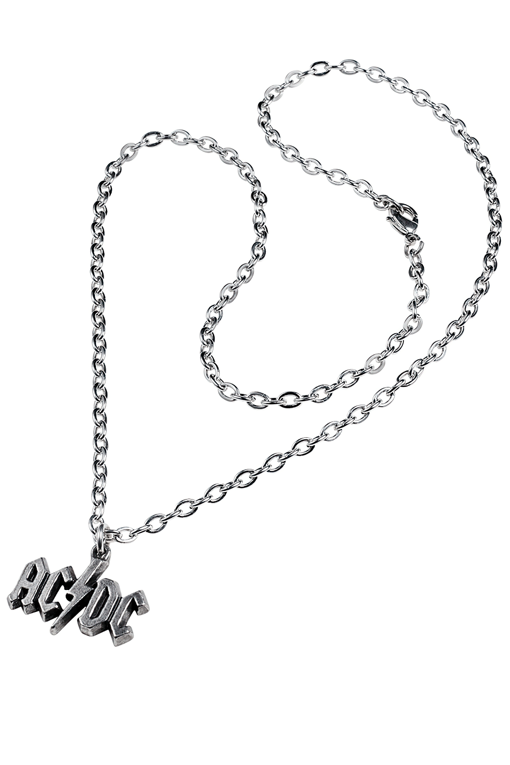 AC/DC necklace featuring the iconic lightning bolt logo and a 21" trace chain, celebrating rock music heritage.