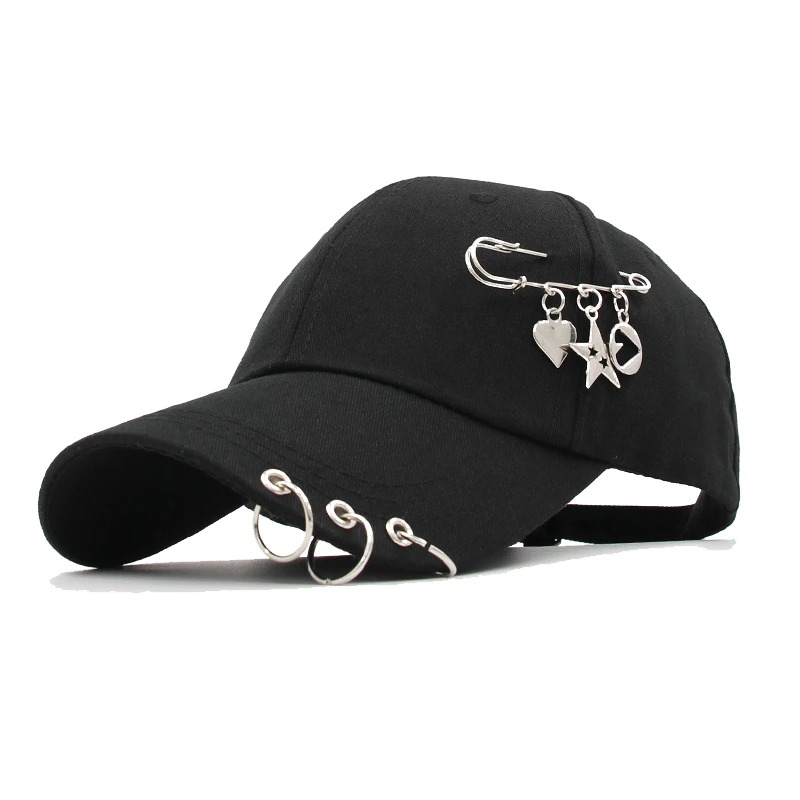 Unisex black adjustable baseball cap with ring piercing and decorative punk charms.