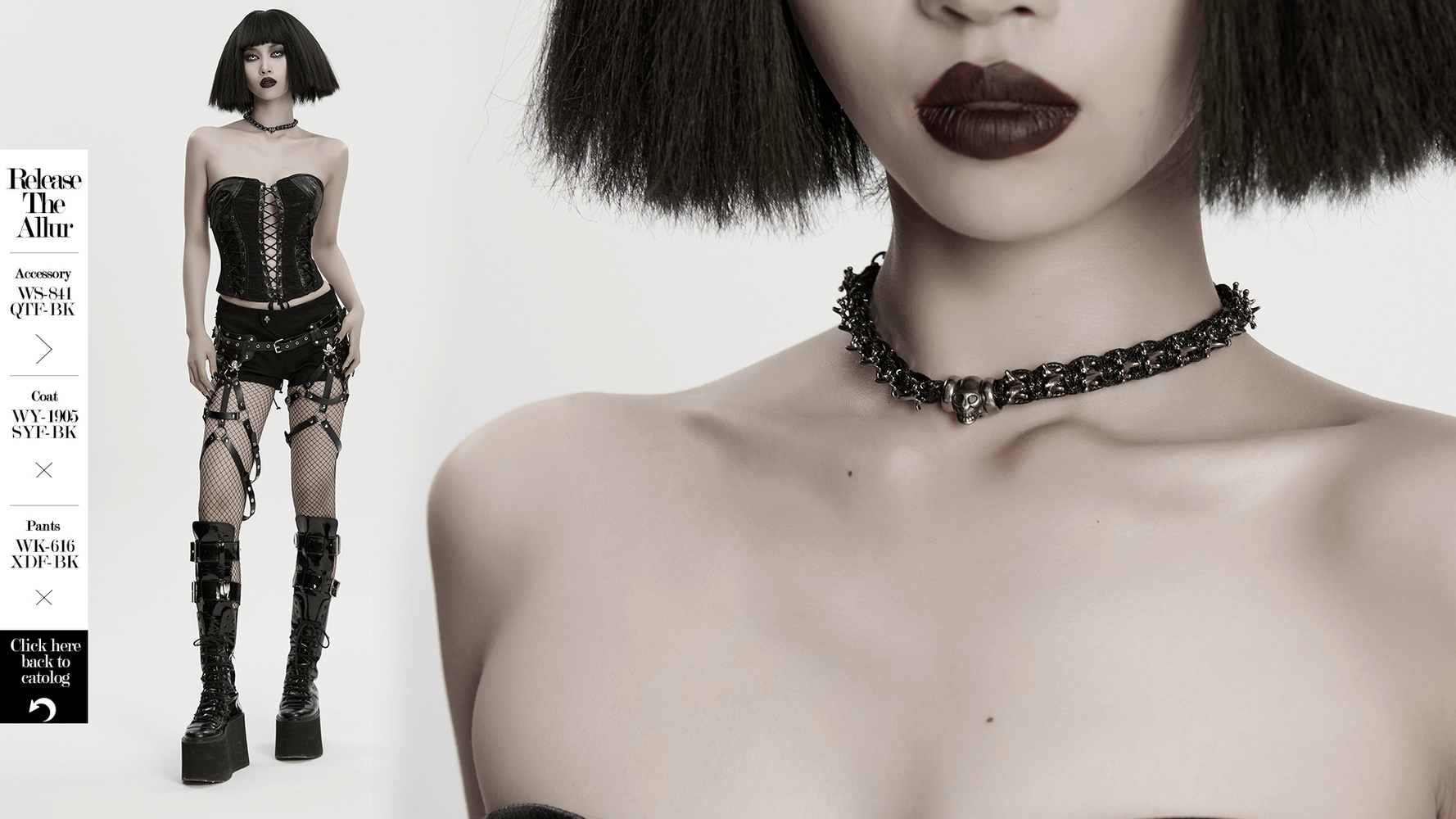 Adjustable Gothic Punk Necklace with Skull and Spine Beads worn by model in edgy outfit with bold makeup.