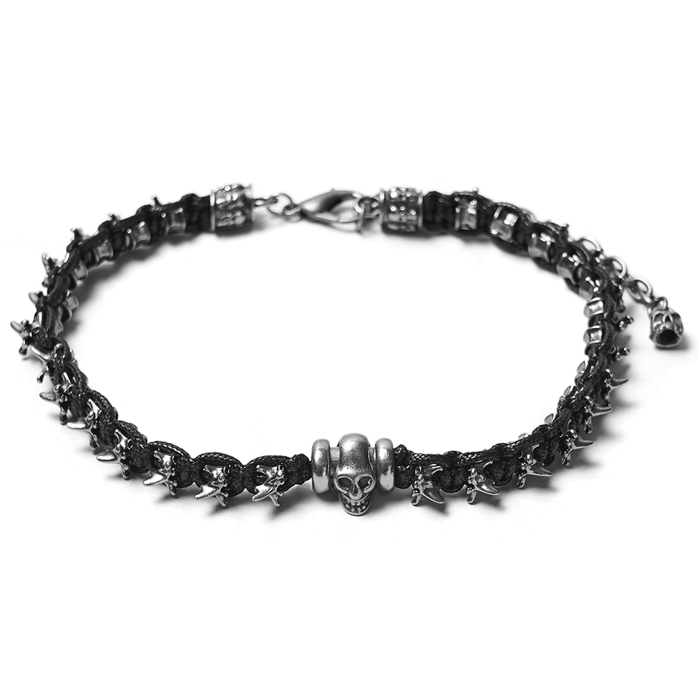 Adjustable Gothic Punk Necklace with Skull and Spine Beads featuring skull and spine bead design.