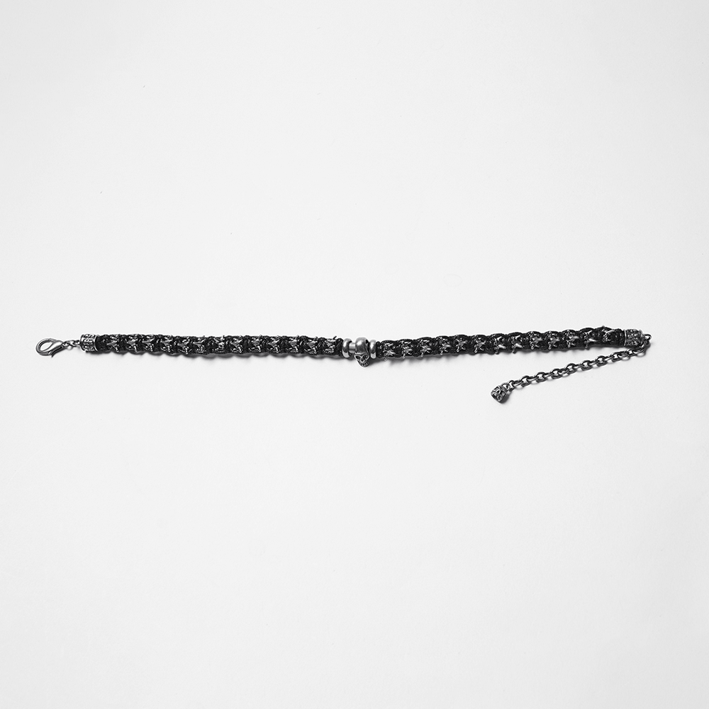 Adjustable Gothic Punk Necklace with Skull and Spine Beads featuring intricate chain design.