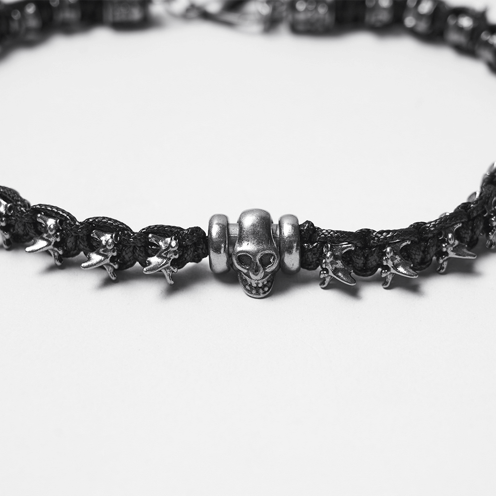 Adjustable Gothic Punk Necklace with Skull and Spine Beads featuring skull and spine bead accents.