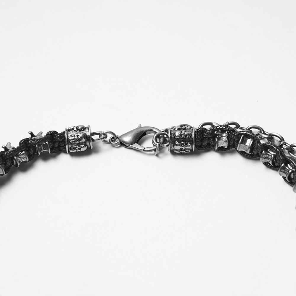 Adjustable Gothic Punk Necklace with Skull and Spine Beads - close-up of the clasp and spine bead detail