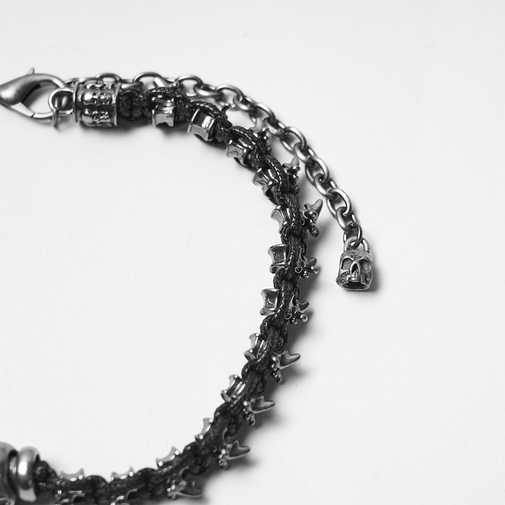 Adjustable Gothic Punk Necklace with Skull and Spine Beads showing intricate bead details and bold design.