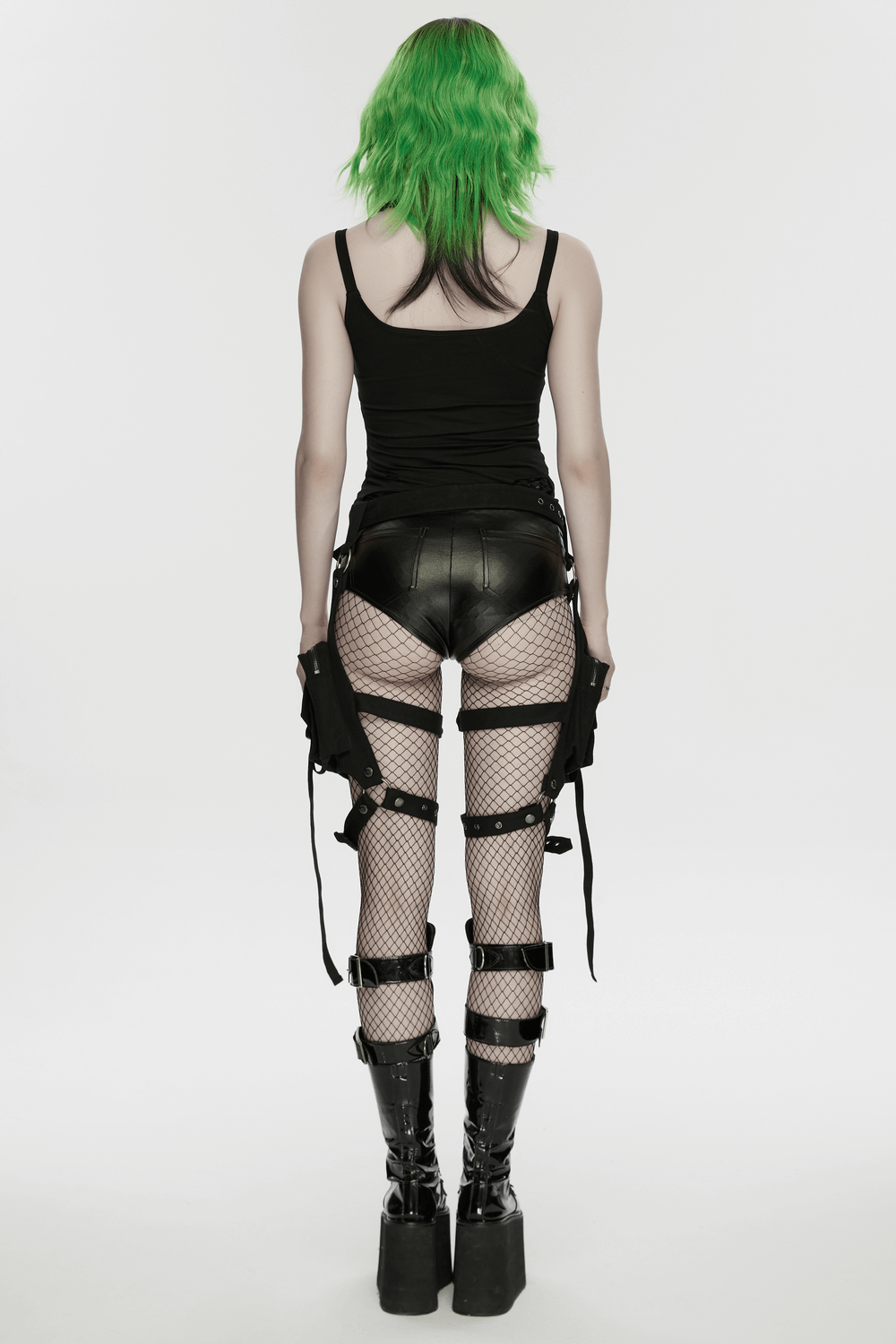 Adjustable Punk Leg Harness with Dual Pocket Bags model showcasing a stylish punk look with vibrant green hair.