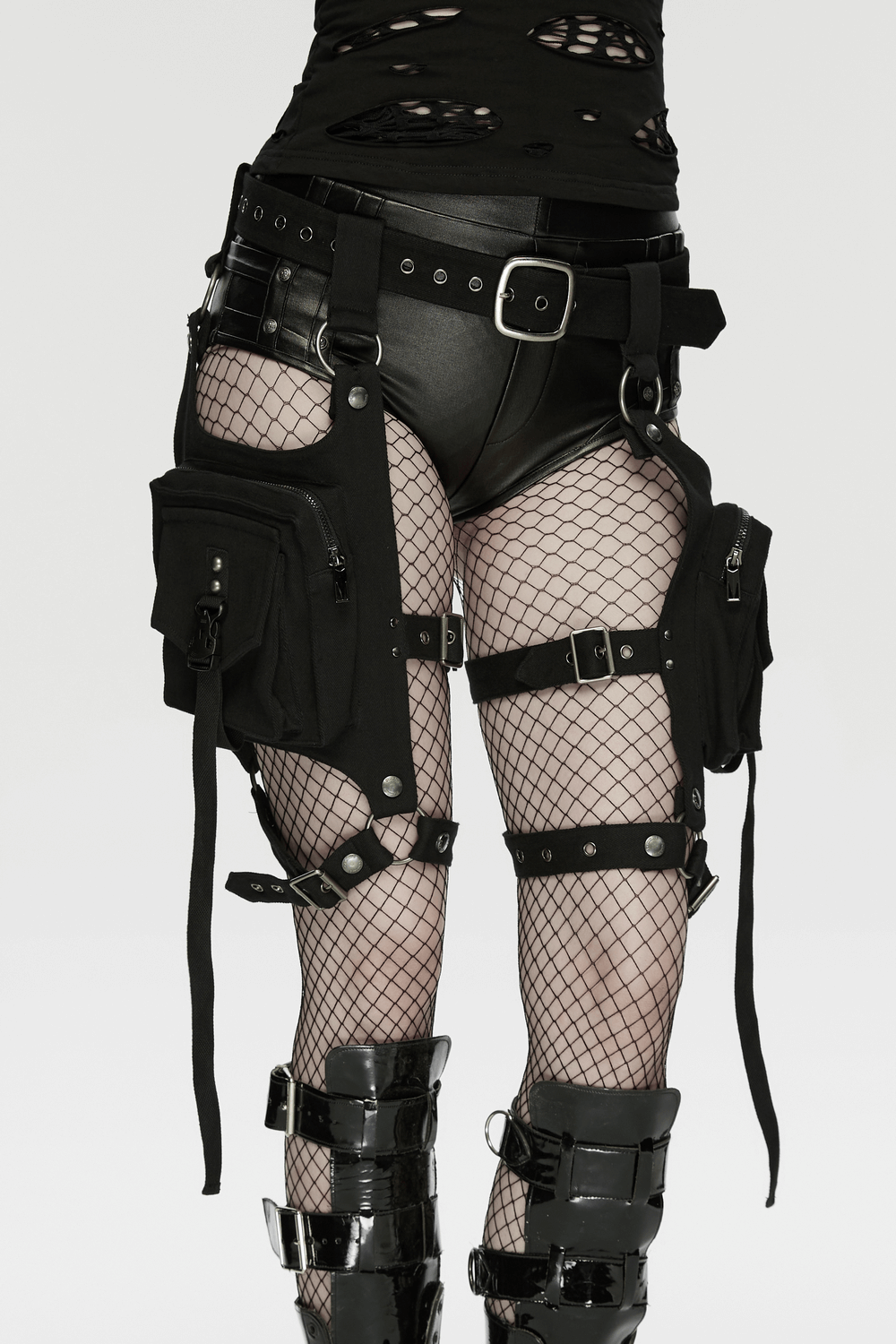 Adjustable Punk Leg Harness with Dual Pocket Bags showcased on stylish model, featuring bold pockets and adjustable straps.