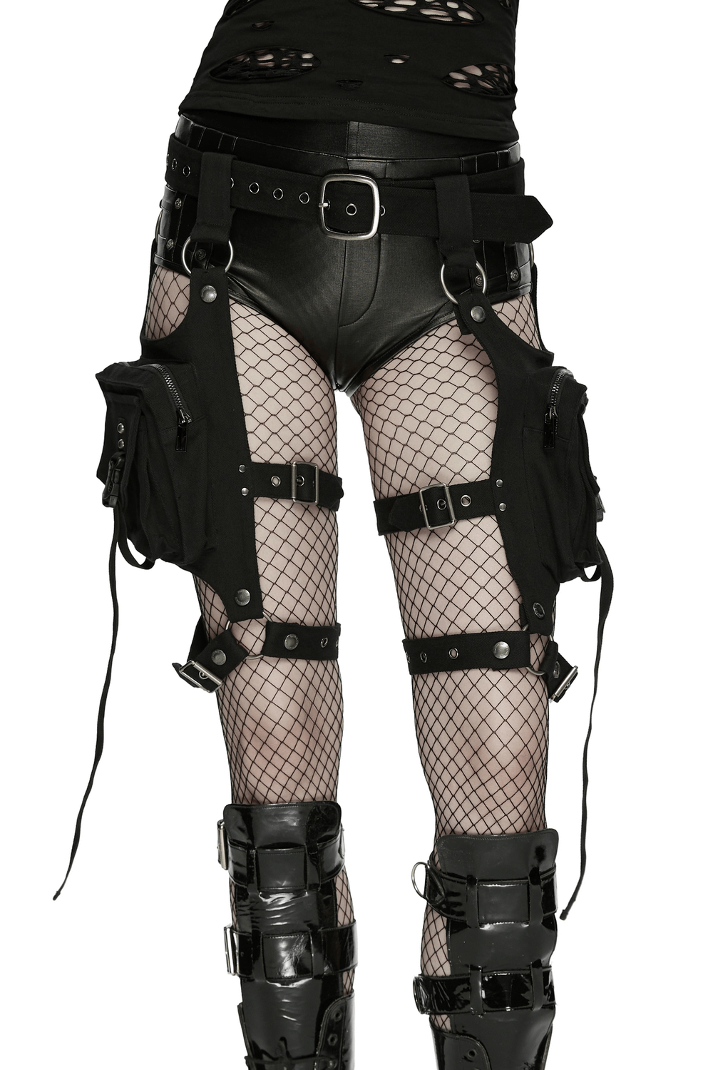 Adjustable Punk Leg Harness with Dual Pocket Bags showcasing stylish dual pockets and bold buckle details.