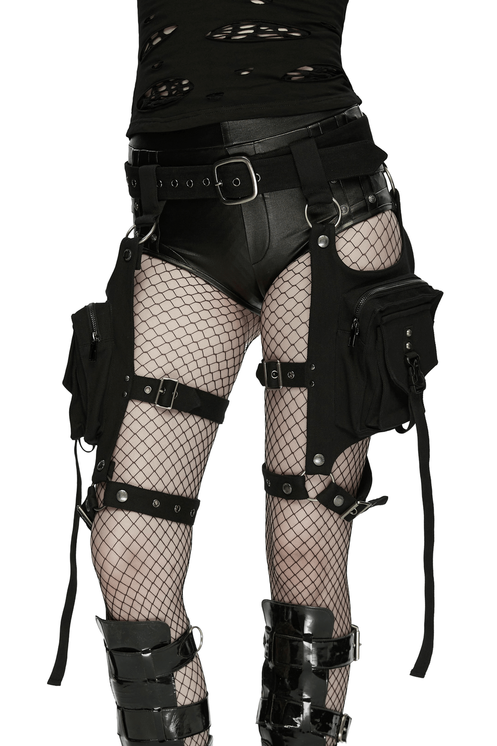 Adjustable Punk Leg Harness with Dual Pocket Bags worn with stylish fishnet stockings and sleek black boots.