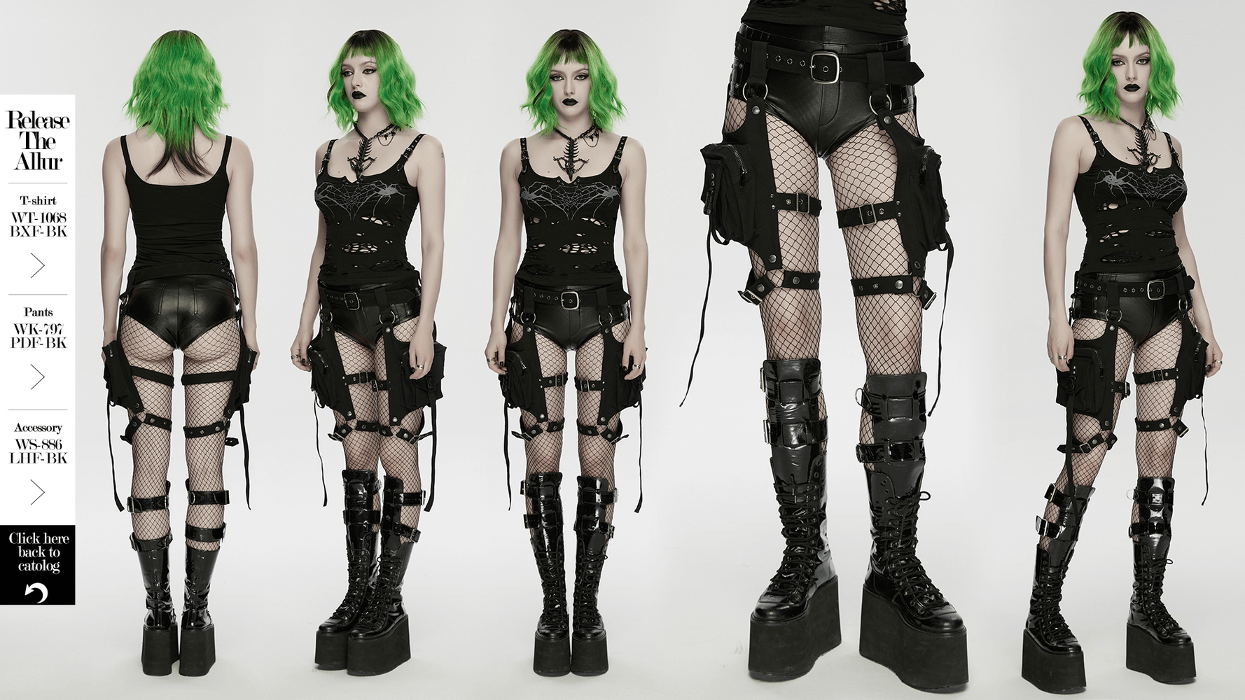 Adjustable Punk Leg Harness with Dual Pocket Bags on a model showcasing versatility and style from multiple angles.