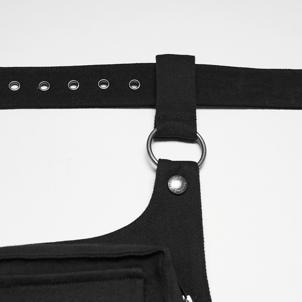 Adjustable Punk Leg Harness with Dual Pocket Bags close-up showing buckle, snap buttons, and metal rings.