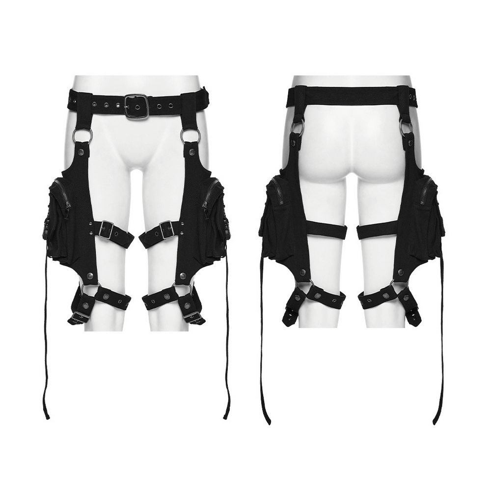 Adjustable Punk Leg Harness with Dual Pocket Bags displayed on a mannequin in black fabric.