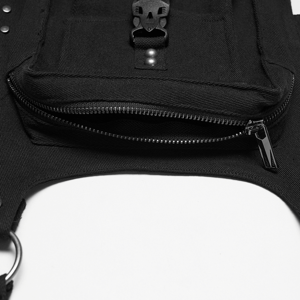 Close-up of the Adjustable Punk Leg Harness with Dual Pocket Bags showing the zipper pocket detail.