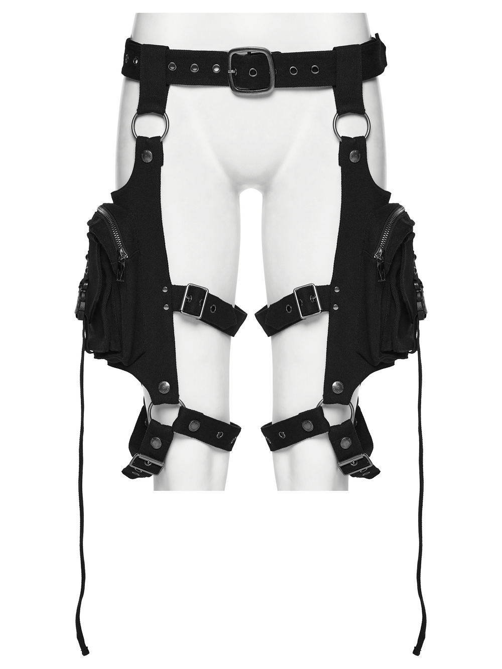 Adjustable Punk Leg Harness with Dual Pocket Bags featuring detachable belt and snap button pockets.