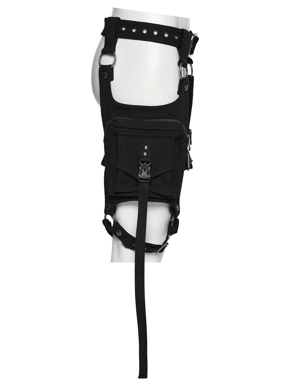 Adjustable Punk Leg Harness with Dual Pocket Bags displayed on mannequin side view.