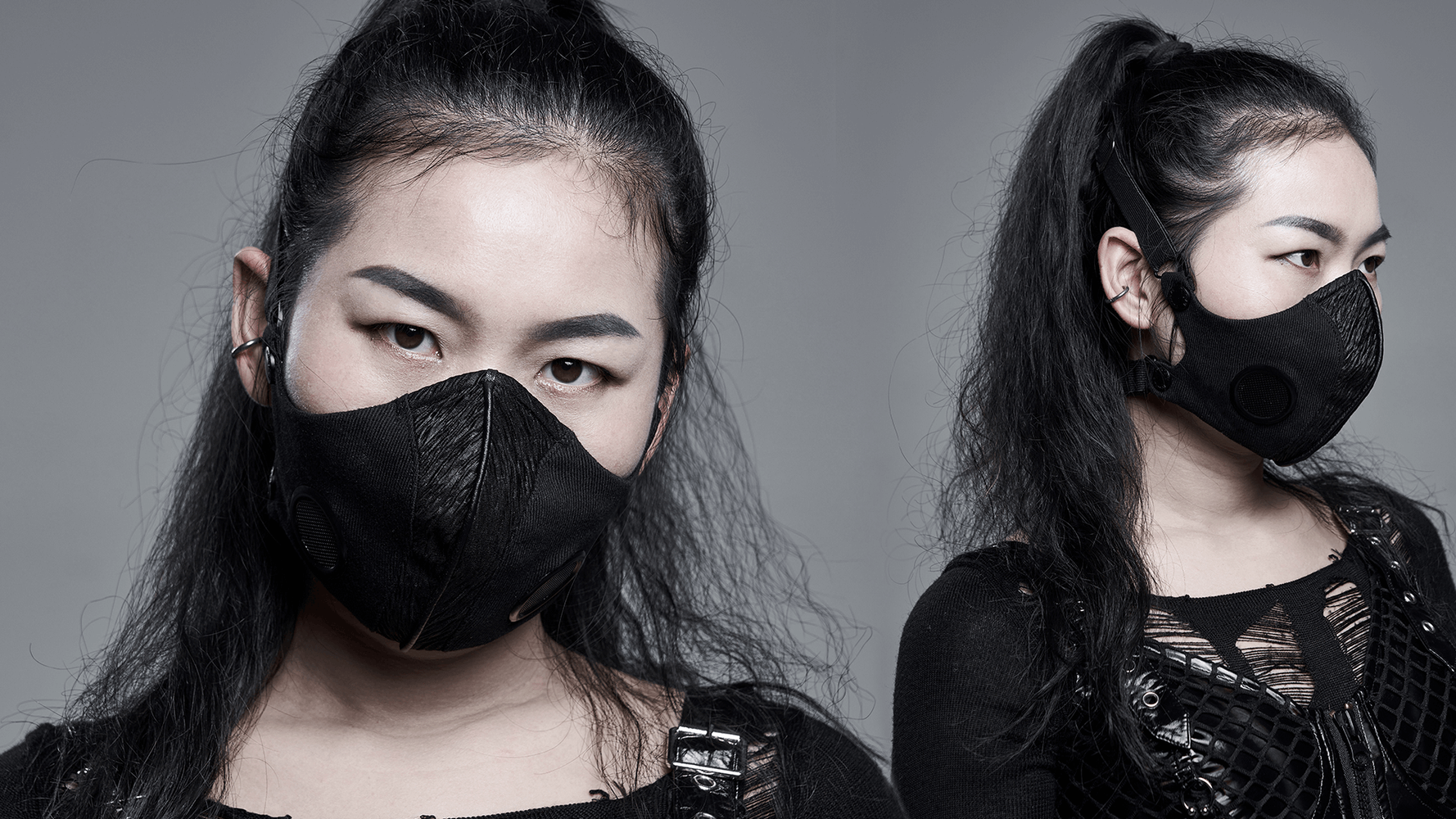 Punk style woven face mask with buckle, showcasing unique coarse fabric and edgy design.