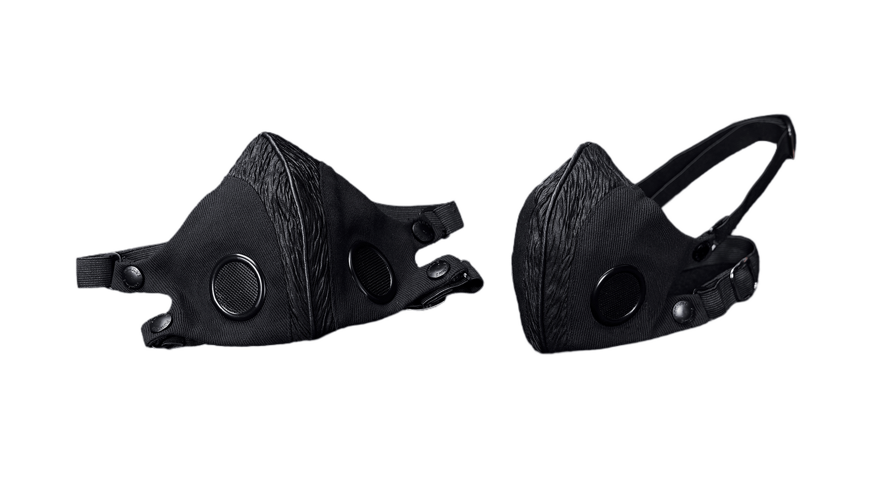 Adjustable punk style black woven fabric face mask with buckle and breathable mesh for airflow.