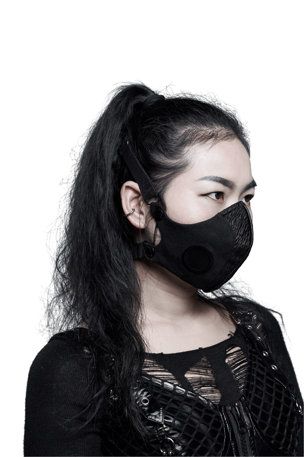 Woman wearing adjustable punk style woven fabric face mask with buckle, showcasing a bold and edgy look.