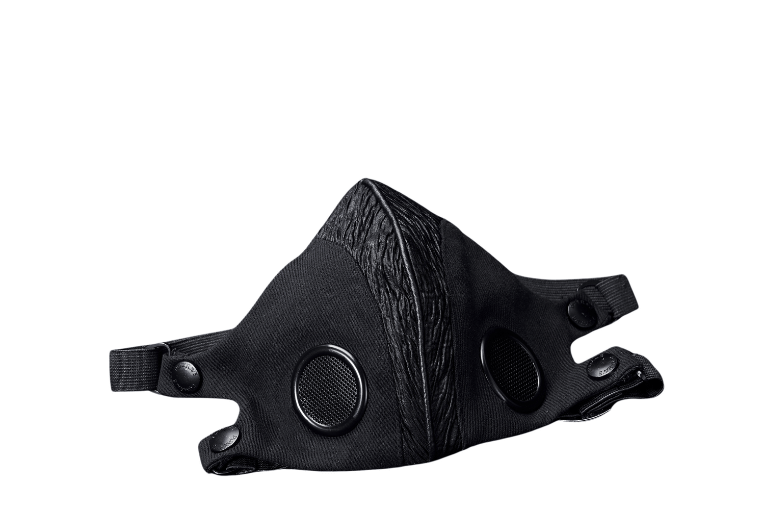 Adjustable punk style woven fabric face mask with buckle and breathable mesh knit details.