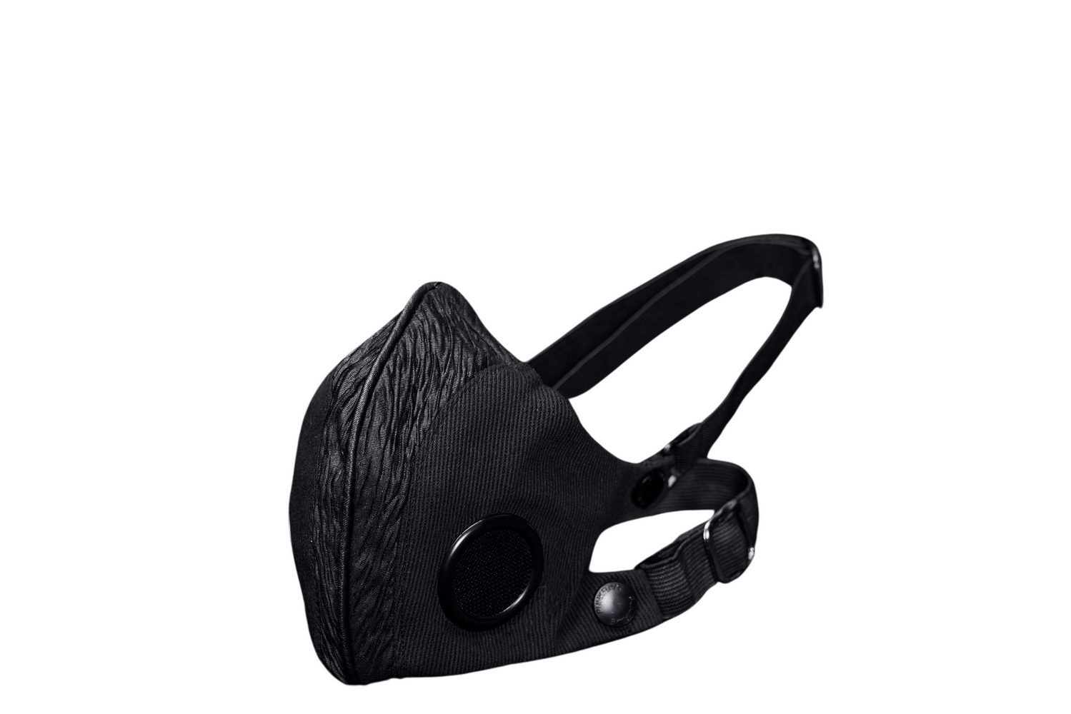 Adjustable punk style black woven face mask with breathable mesh and metal buckle for secure fit.
