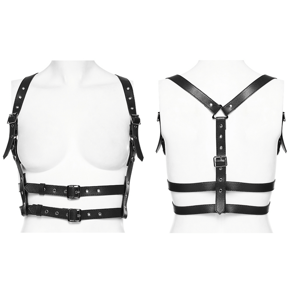 Adjustable punk Y-Shape PU leather shoulder harness with buckles and straps.