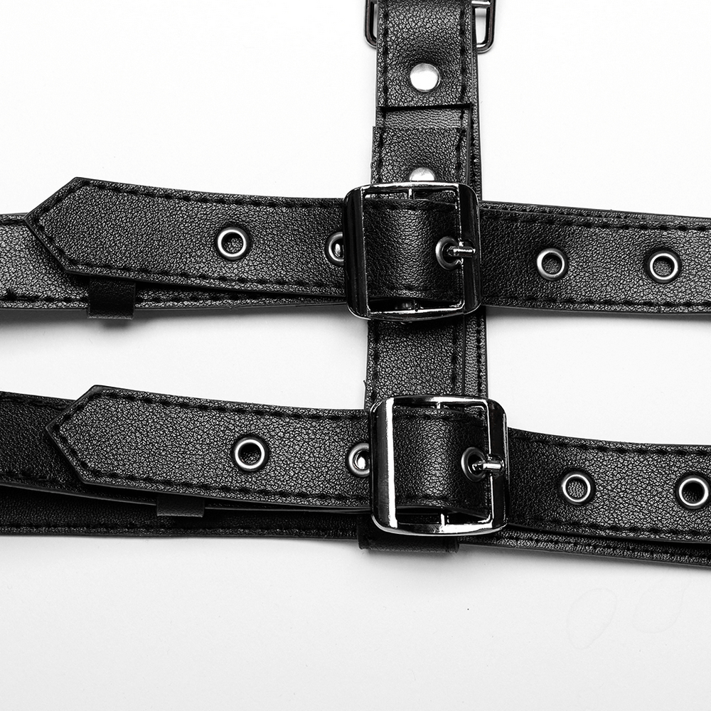 Close-up of an adjustable punk Y-Shape PU leather shoulder harness with sleek buckles and grommets.