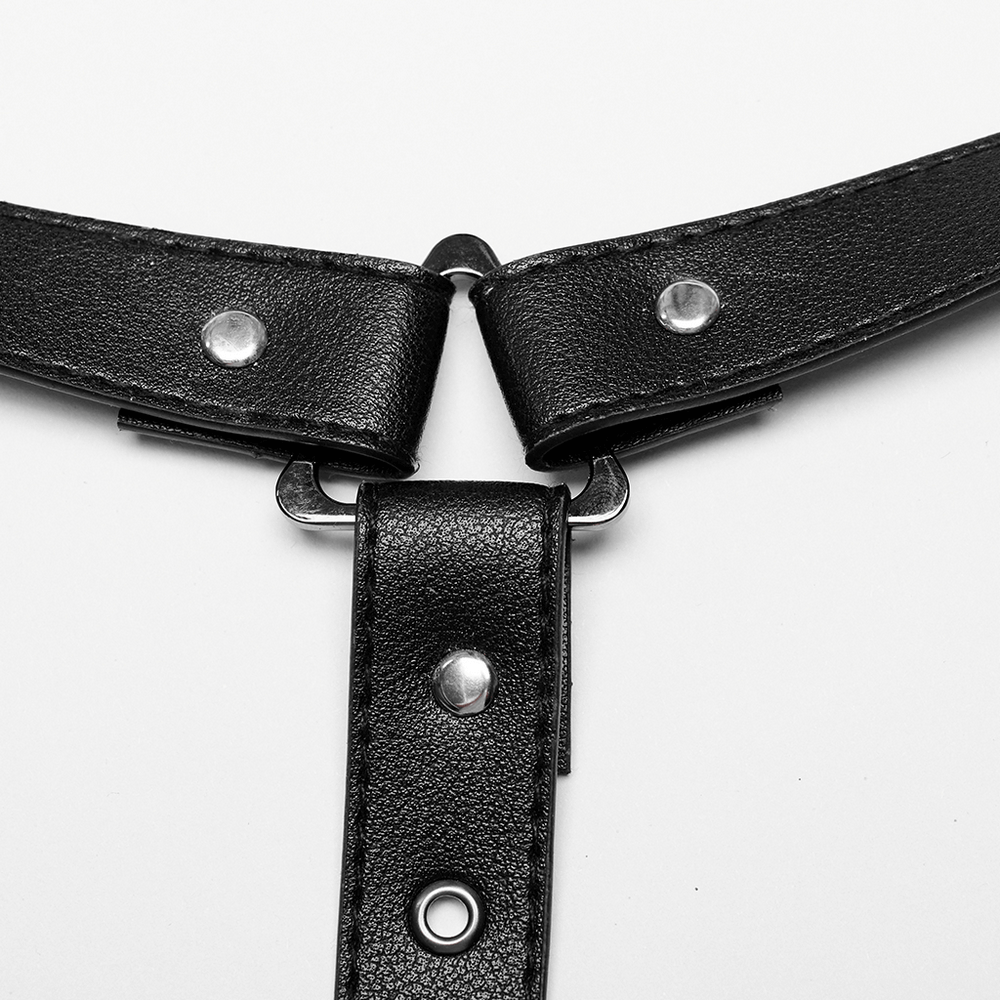 Close-up of an adjustable punk Y-shape PU leather shoulder harness with metal buckles and snaps.