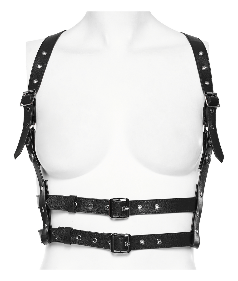 Adjustable Y-Shape PU leather harness with buckles for a punk look, perfect for edgy fashion statements.