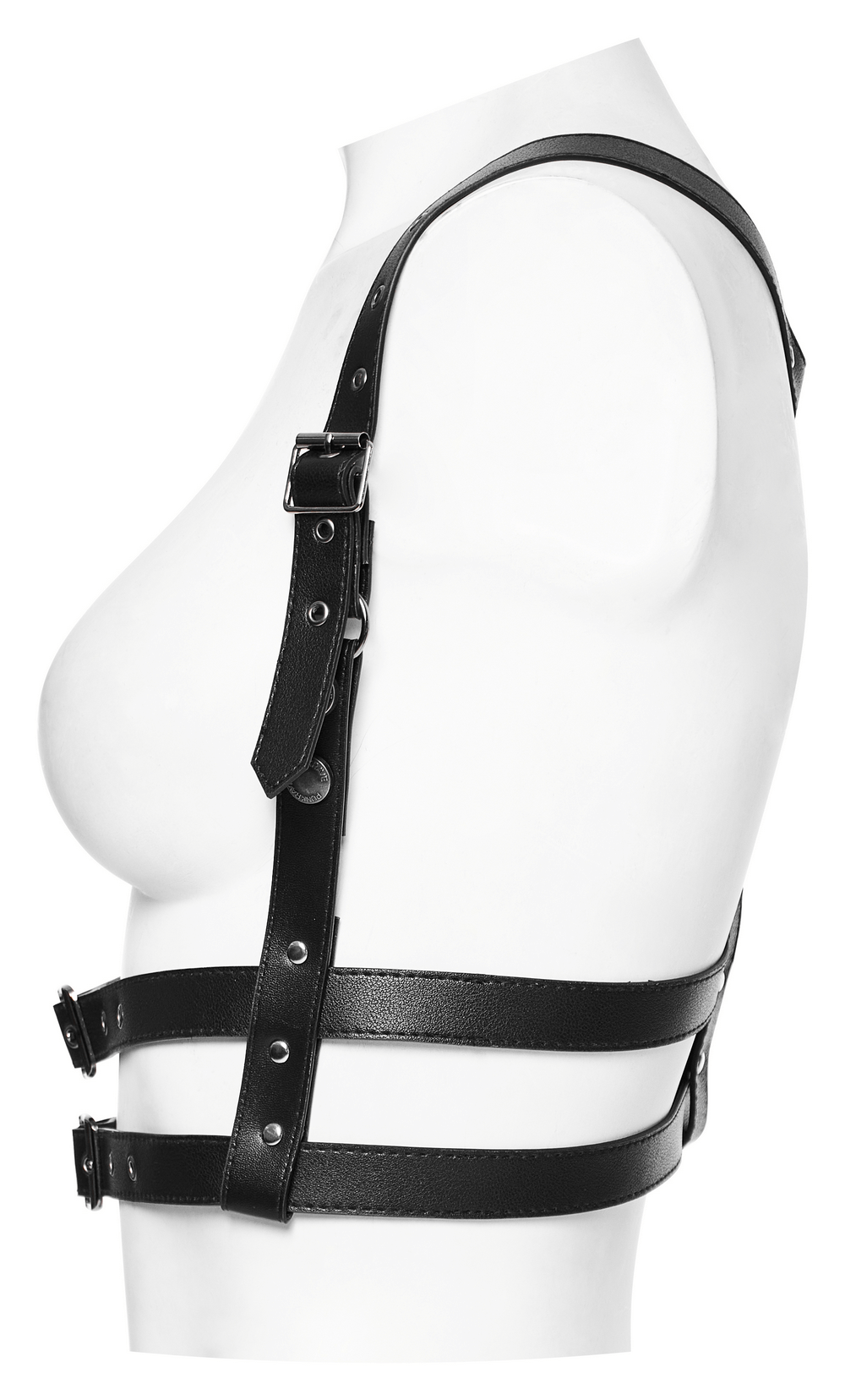 Black adjustable Y-shape PU leather harness on a mannequin, showcasing a punk style and edgy design.