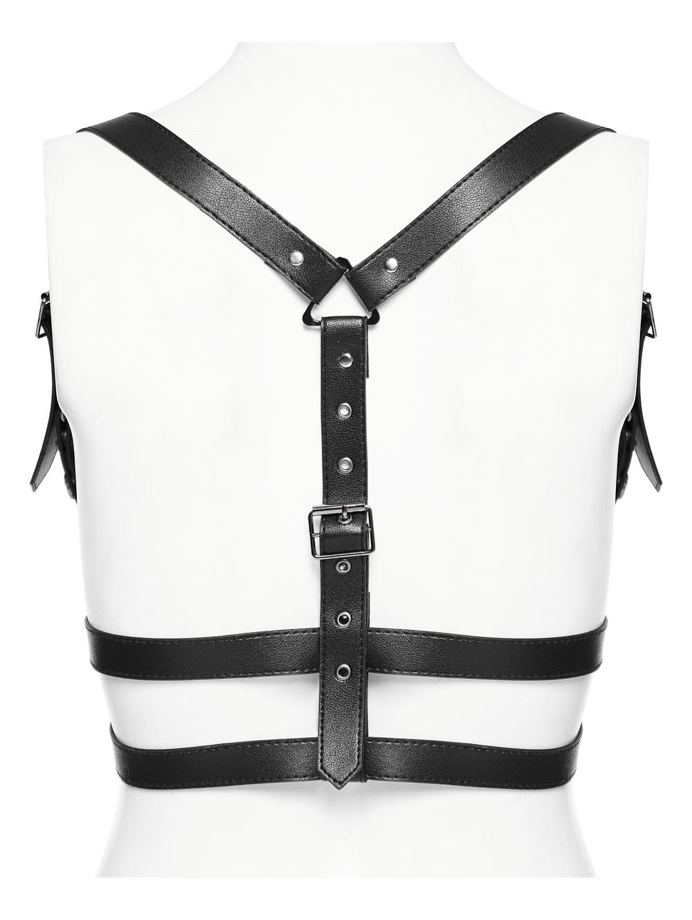 Y-Shape PU Leather Shoulder Harness showing adjustable straps and punk style on a mannequin's back.