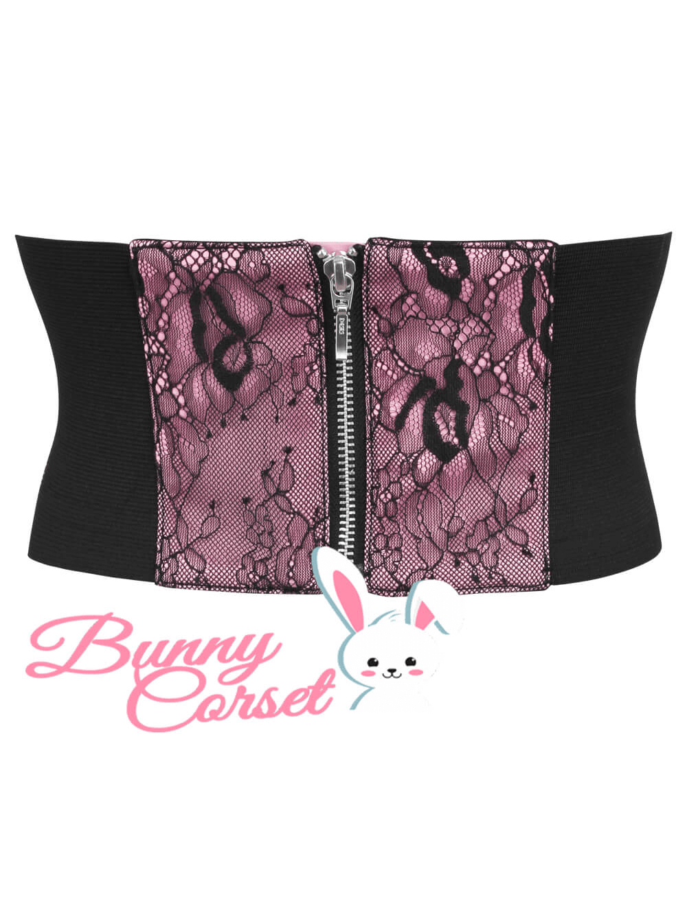 Jerrica adjustable satin corset belt with lace overlay in pink and black for a stylish silhouette enhancement.