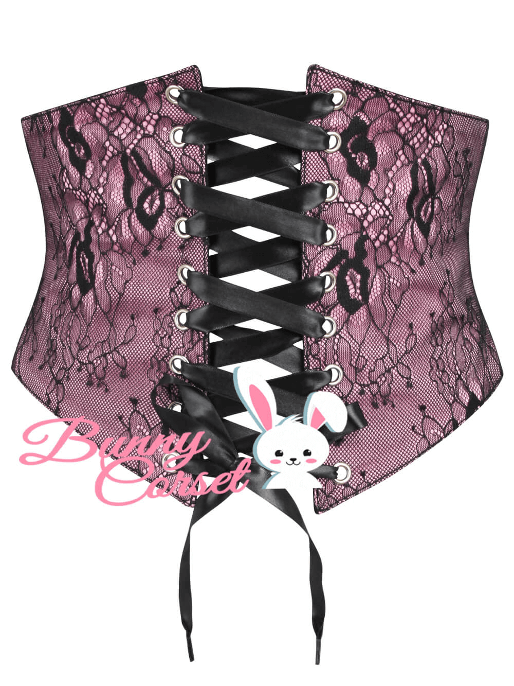 Adjustable satin and lace corset belt with front lacing in pink for an elegant silhouette.