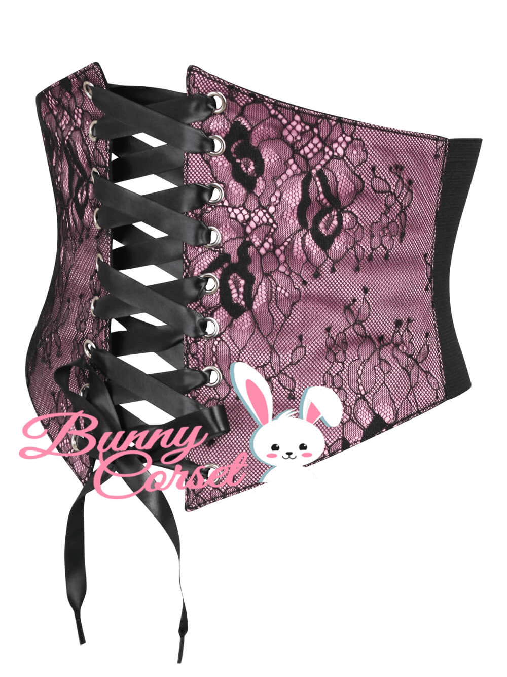 Adjustable satin and lace corset belt in pink, featuring front lacing for a stylish and elegant fit.