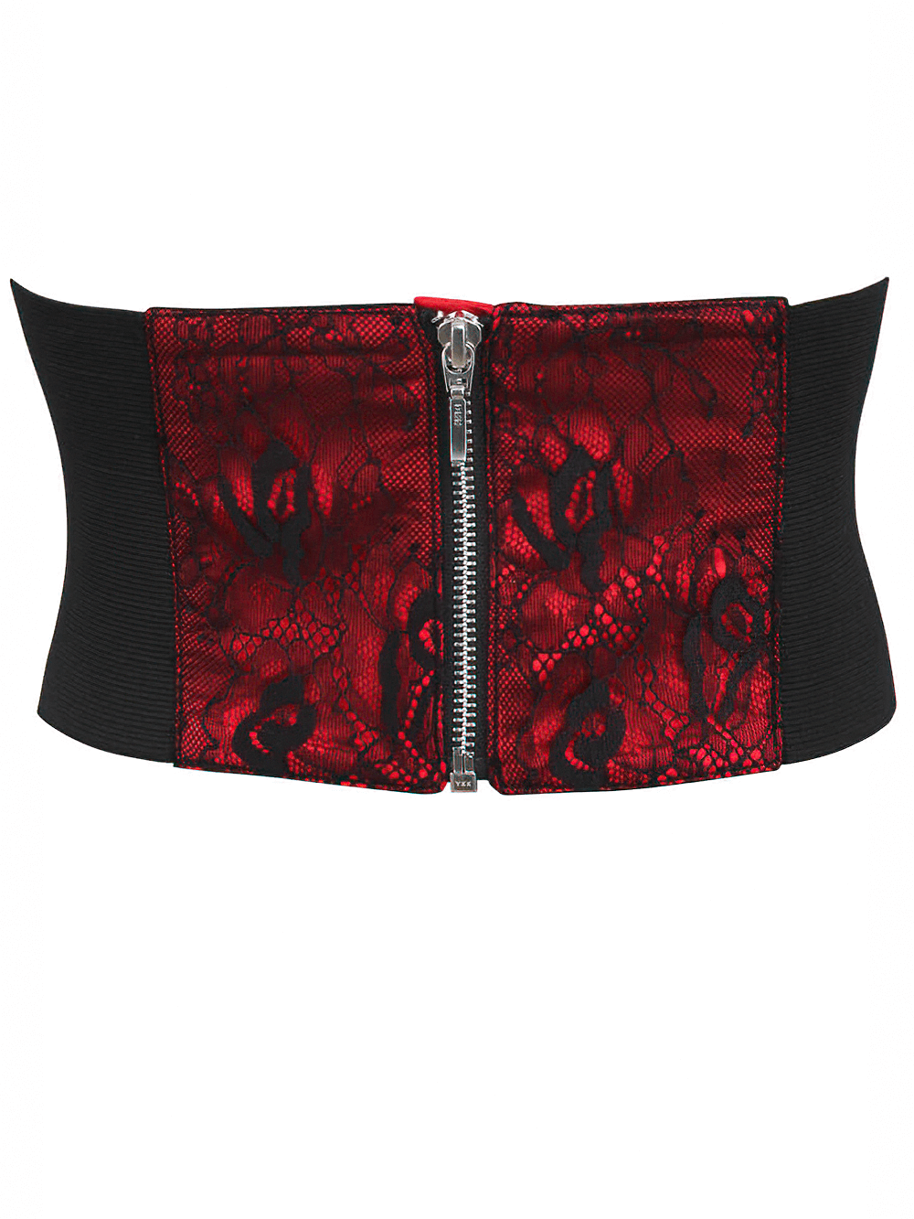 Stylish adjustable satin and lace corset belt in red, featuring a front zipper for an elegant look.