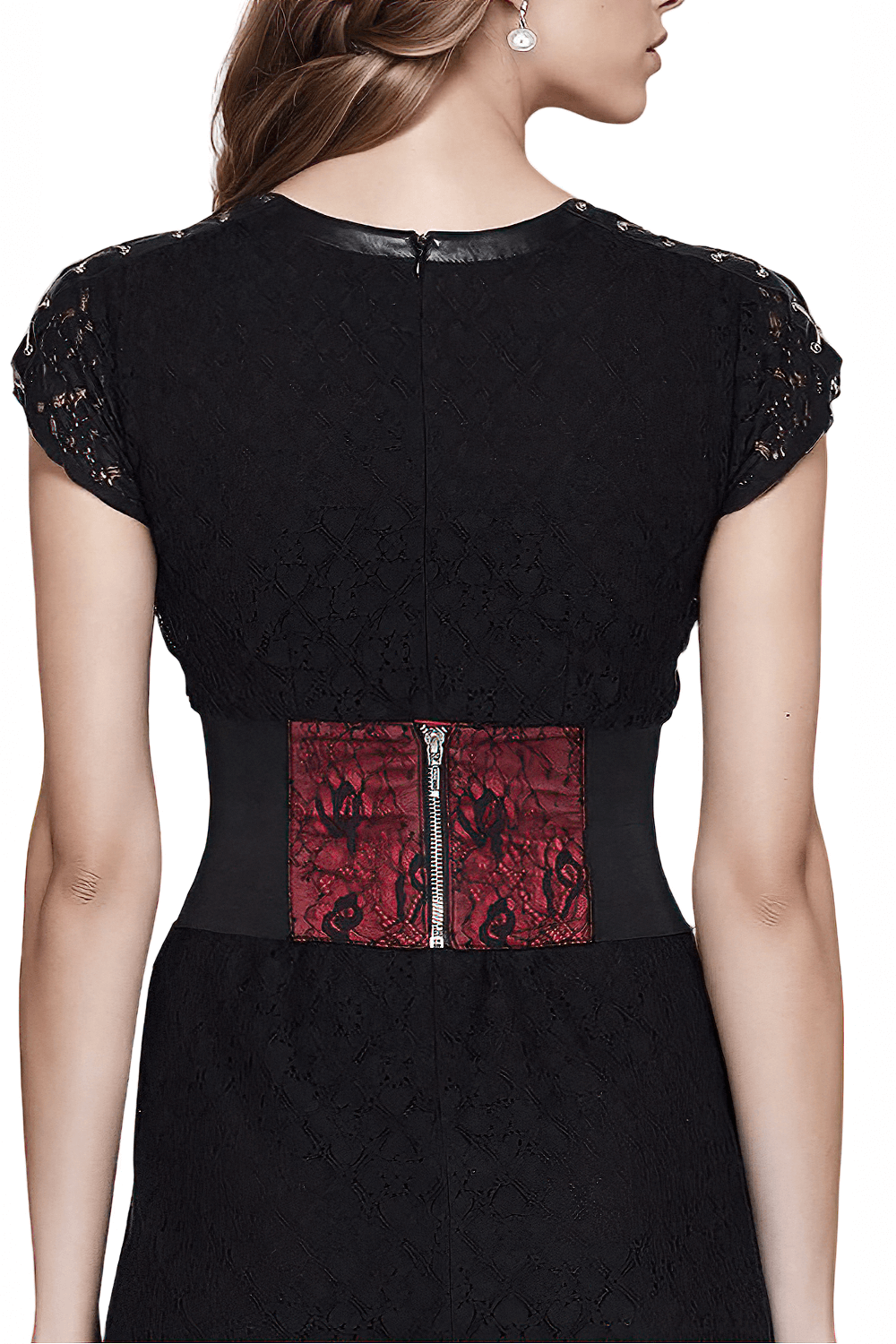 Back view of woman in black dress showcasing adjustable satin and lace corset belt with red lace overlay.