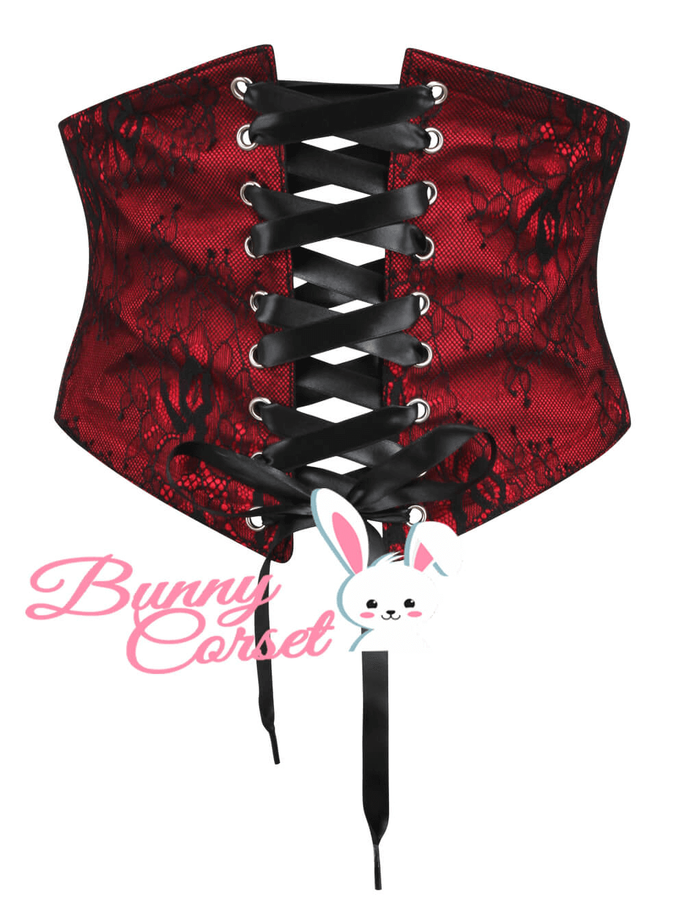 Adjustable red lace overlay satin corset belt with black ribbon lacing for a sophisticated look.