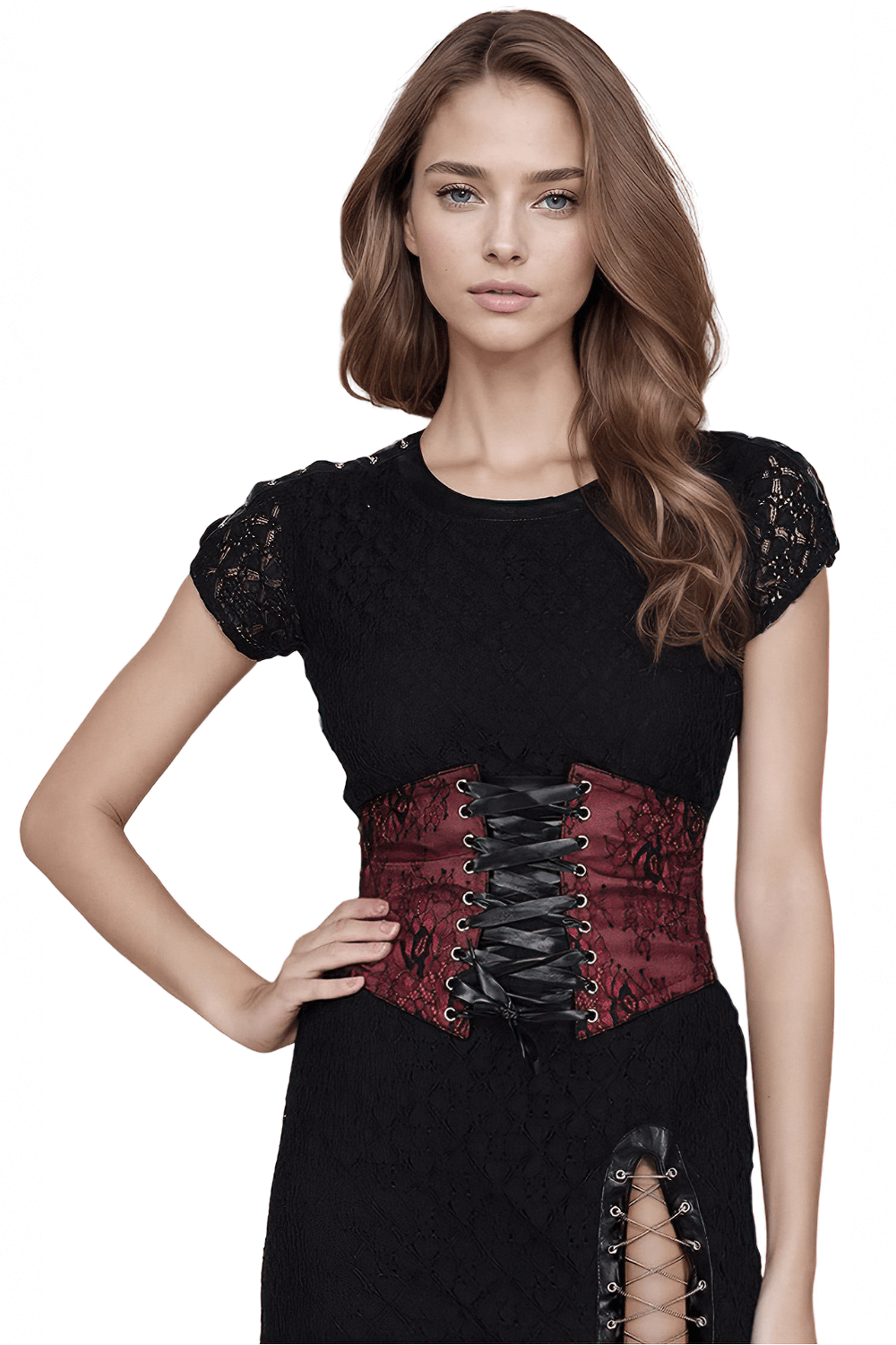 Model wearing Jerrica adjustable satin and lace corset belt, showcasing elegant style and versatile fashion.