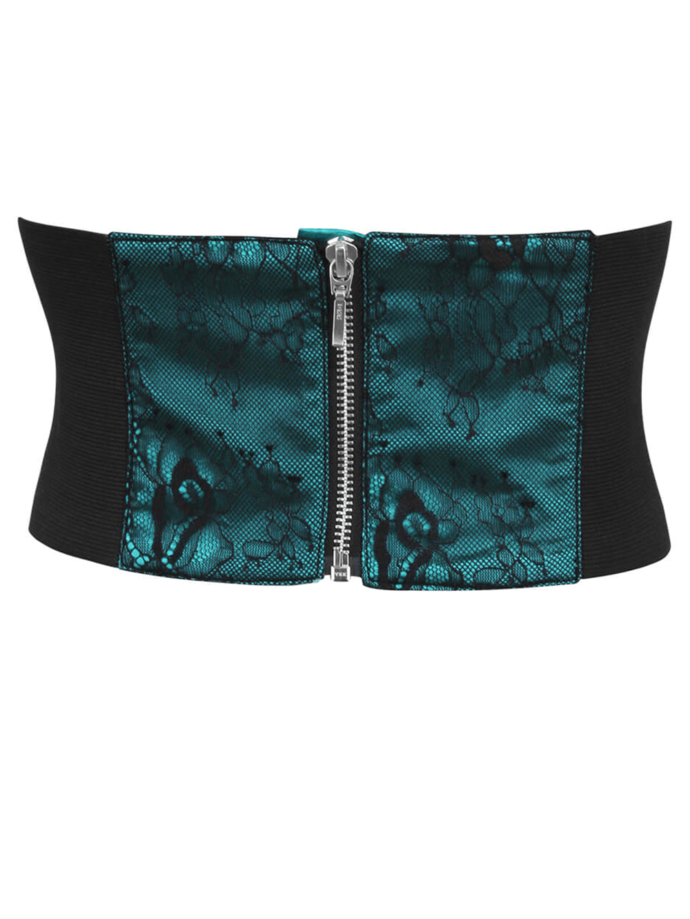 Jerrica adjustable satin and lace corset belt in teal, showcasing elegant lace overlay and zipper back design.