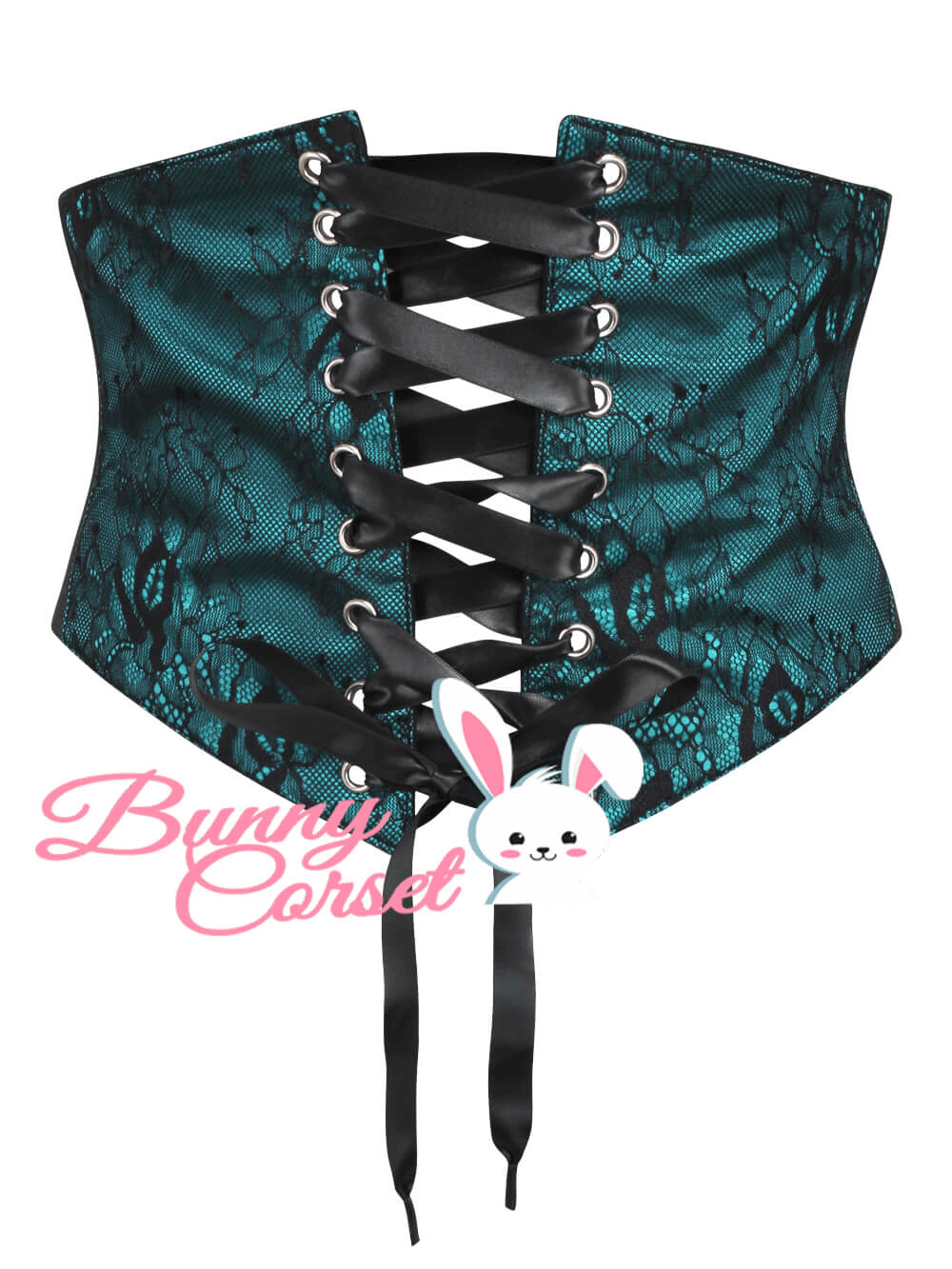 Adjustable teal satin and lace corset belt with front lacing for an elegant silhouette.