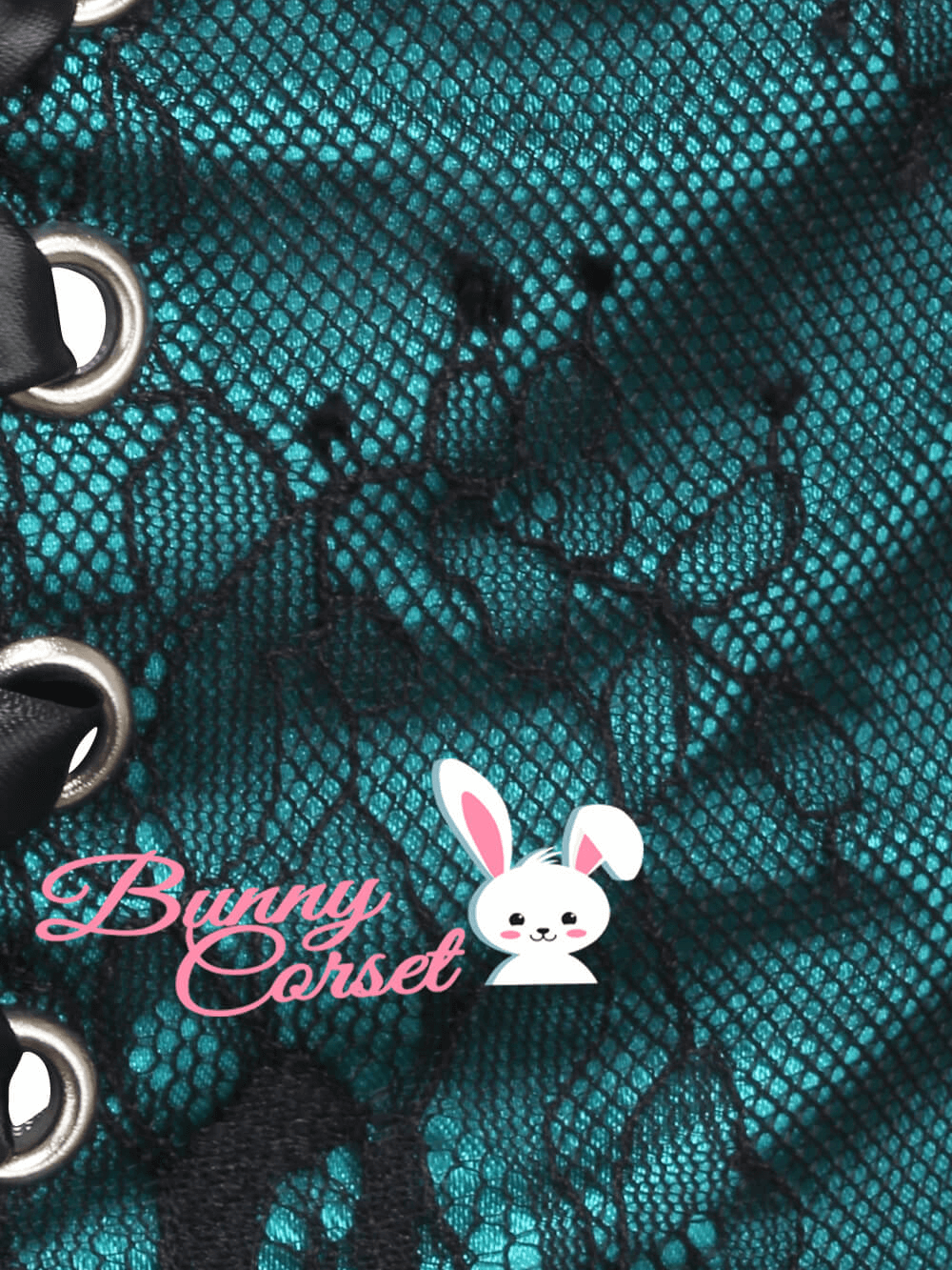 Close-up of the Jerrica satin corset belt featuring a turquoise lace overlay and adjustable lacing details.