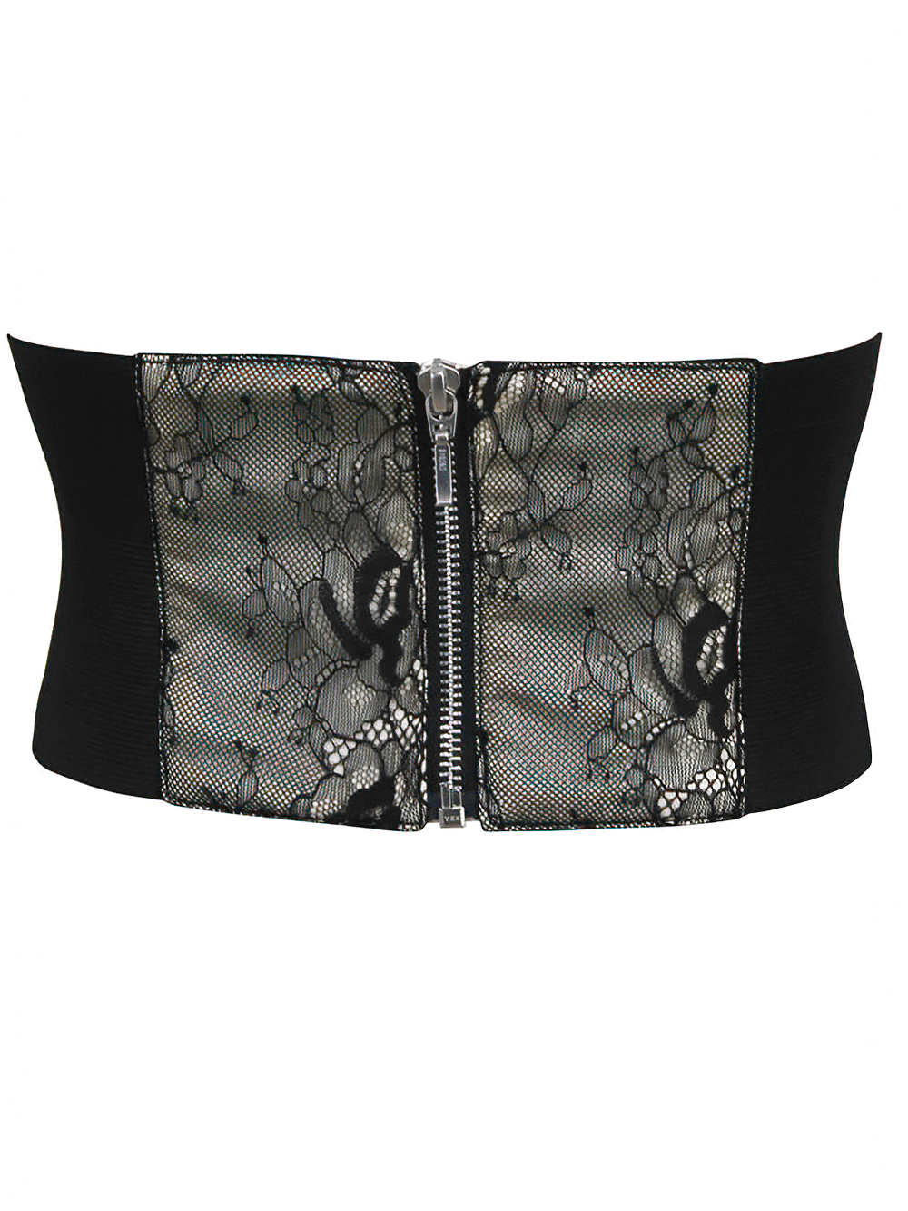 Adjustable satin and lace corset belt for a chic silhouette and elegant style, featuring a stylish zip and floral lace detail.