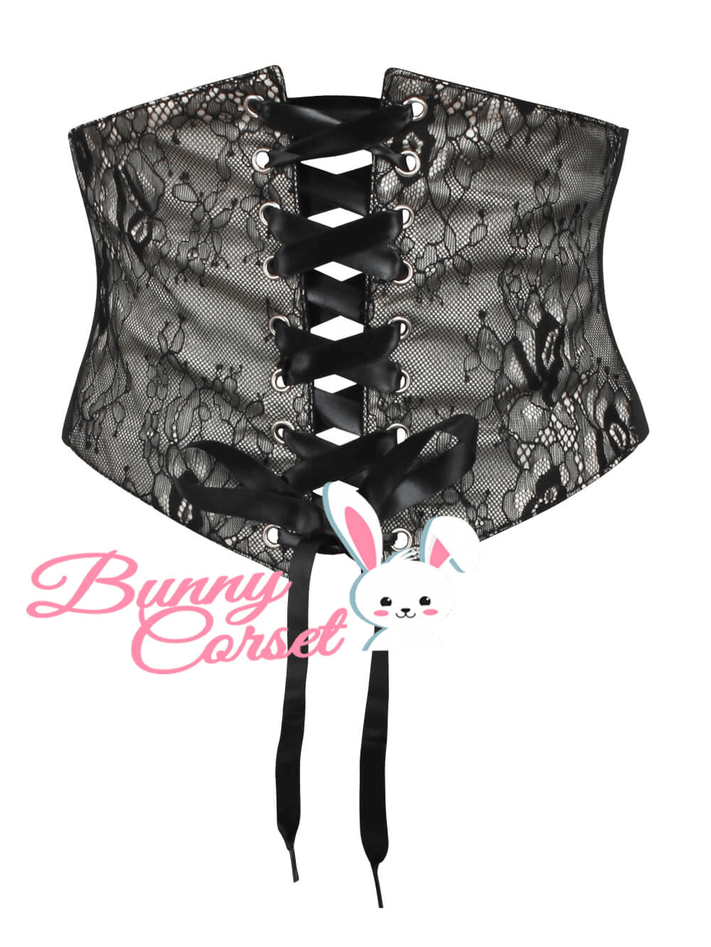 Adjustable satin and lace corset belt with front lacing, perfect for an elegant silhouette and versatile styling.