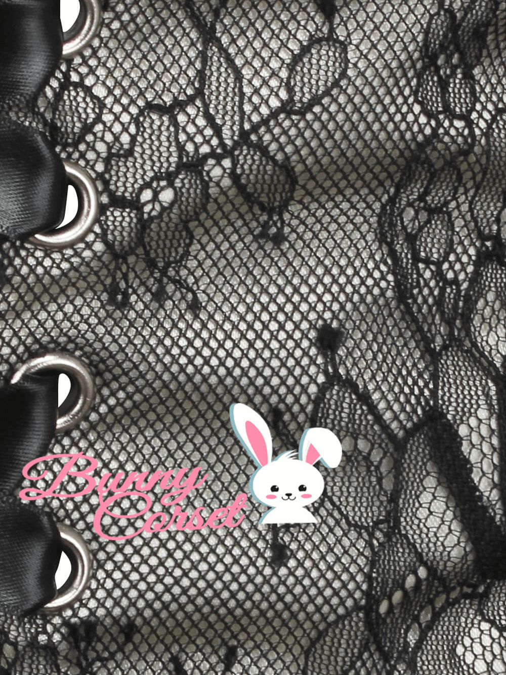 Close-up of a black lace corset belt with satin lining and adjustable front lacing for stylish elegance.