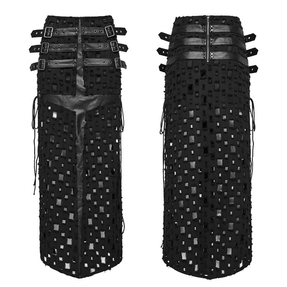 Adjustable side drawstring black punk long skirt with unique cross design and tattered woven fabric.