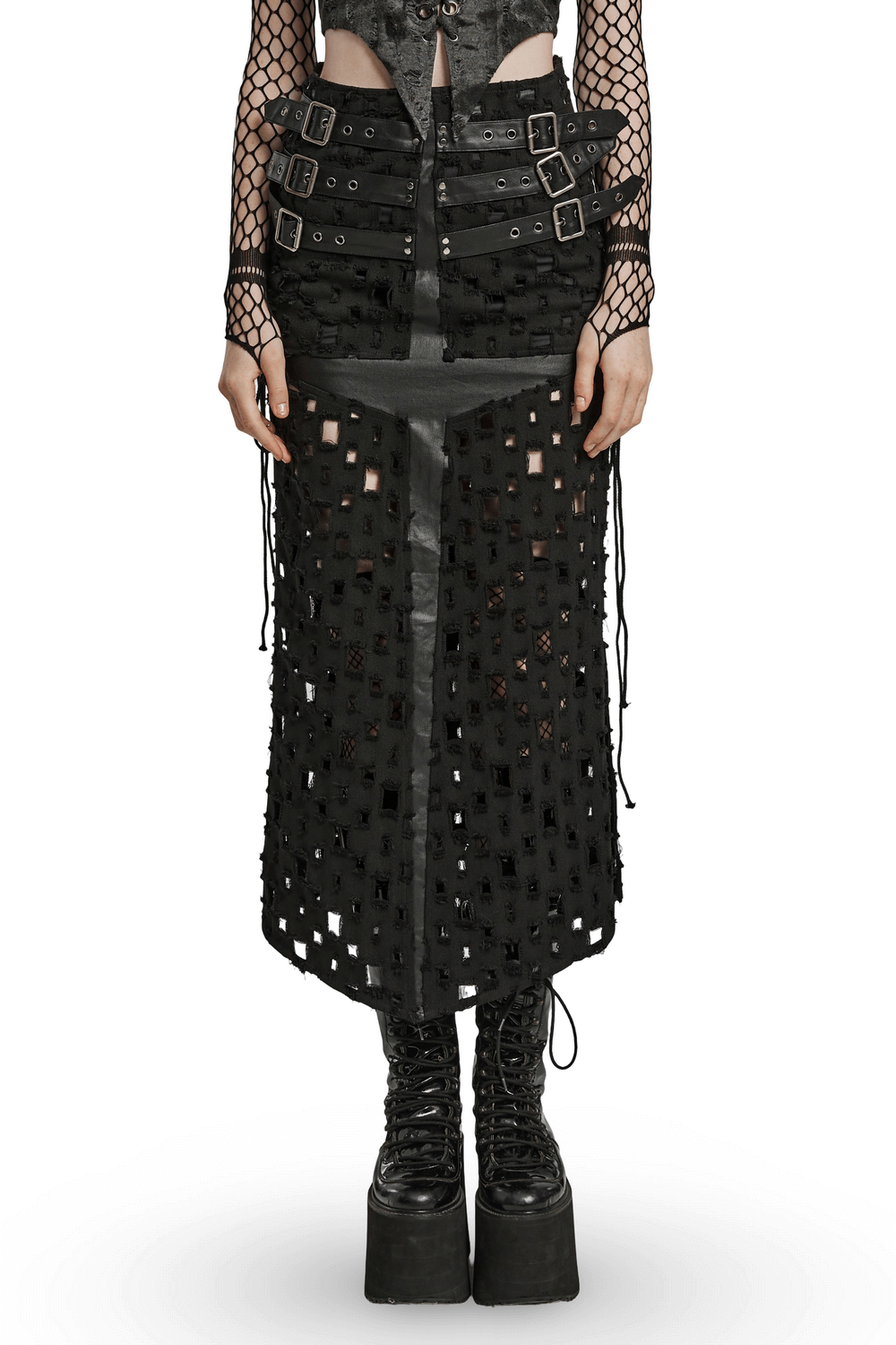Adjustable black punk long skirt with unique cross design and tattered woven fabric for a bold streetwear look.