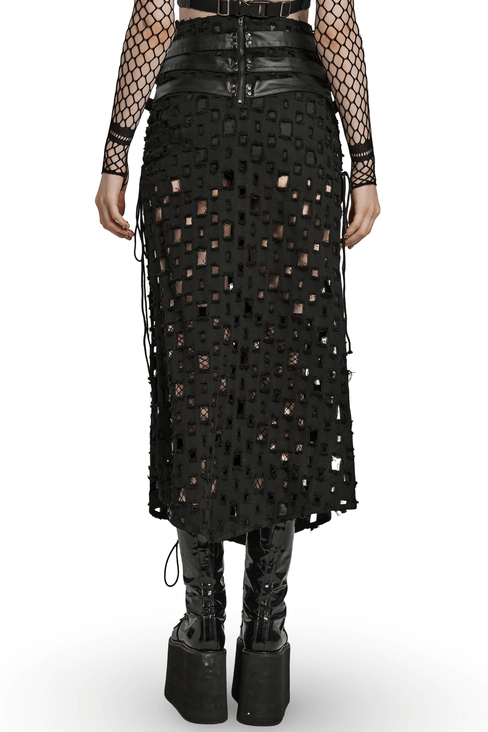 Back view of a black punk long skirt with unique cross design and adjustable drawstring for a perfect fit.