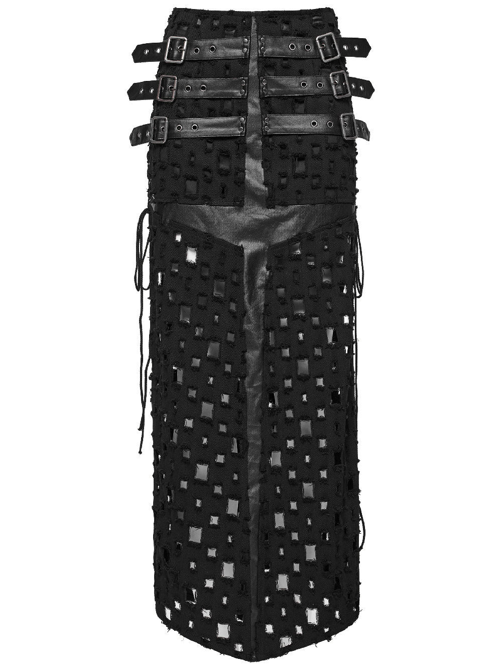 Adjustable side drawstring black punk long skirt with unique cross design and tattered woven fabric.