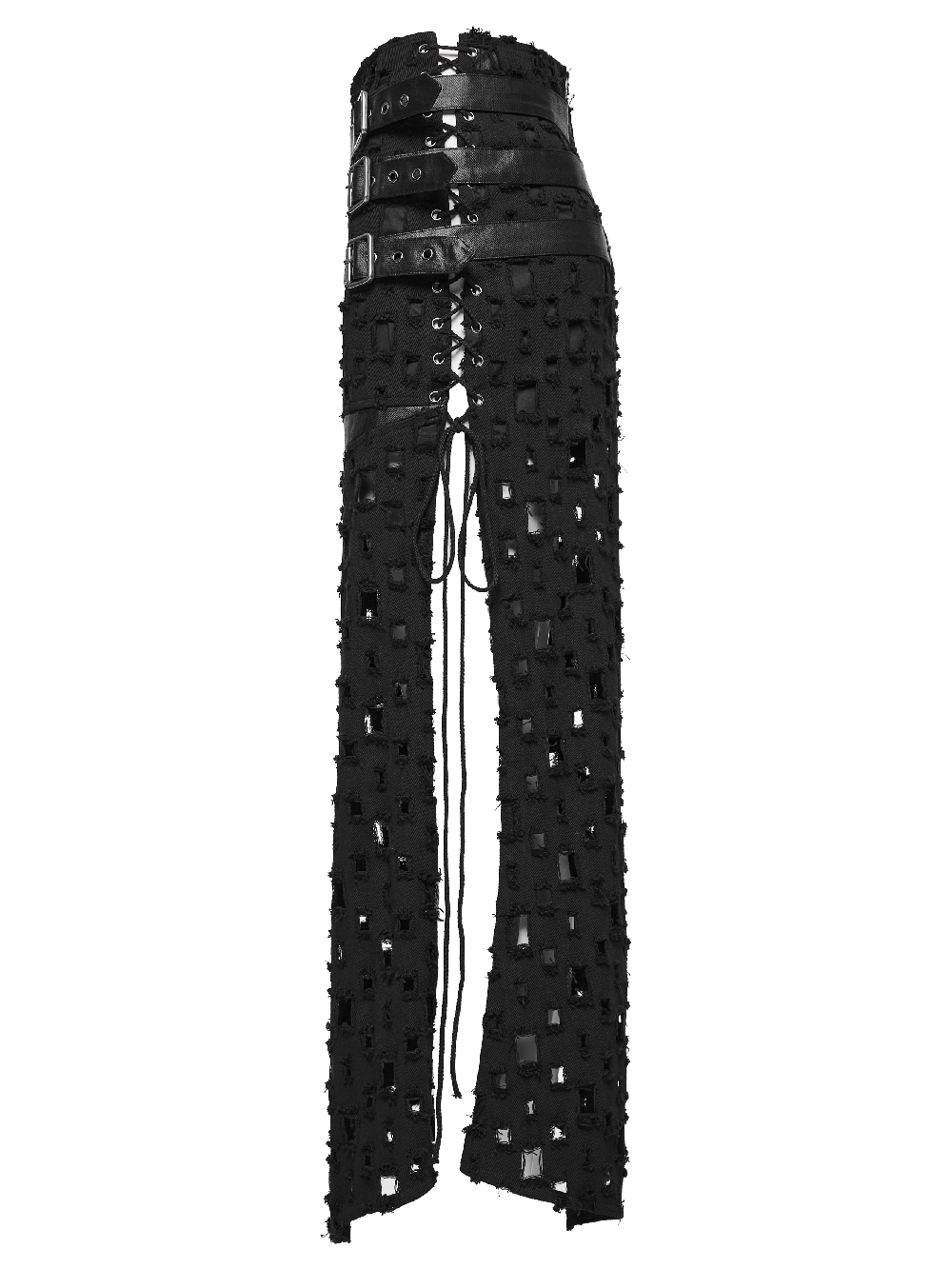 Black punk long skirt with adjustable drawstrings and unique cross design for edgy streetwear style.