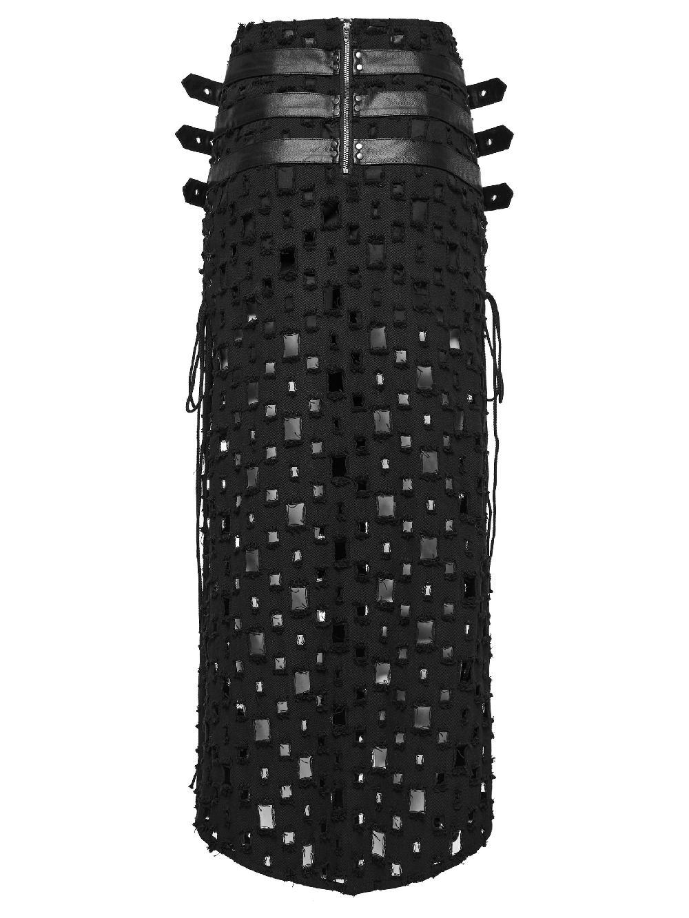 Black punk long skirt with unique cross design and adjustable drawstrings, perfect for edgy streetwear style.