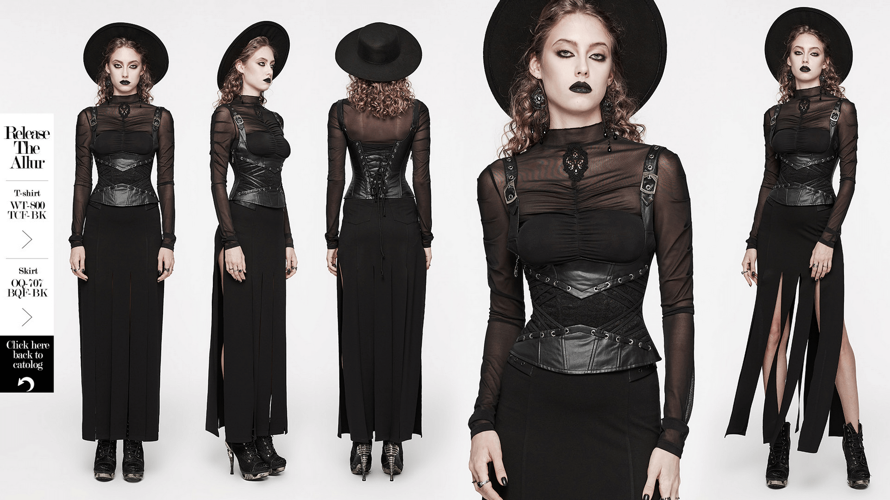 Adjustable strappy black gothic lace-up corset styled with sheer top and wide-brim hat for a daring goth look.